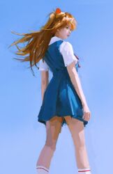 1girl blue_background blue_skirt bow floating_hair frown fuyumurasaki hair_ornament hairclip long_hair neon_genesis_evangelion orange_hair school_uniform simple_background skirt socks souryuu_asuka_langley tokyo-3_middle_school_uniform
