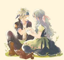1boy 1girl apron bandage_on_face bandages black_jacket black_pants blue_hair blue_headband blush bottle box brown_footwear closed_eyes couple final_fantasy final_fantasy_vi full_body green_apron grey_hair hair_ribbon half_updo headband hetero highres holding_hands injury jacket kisa_tmy11 kneeling locke_cole long_hair looking_at_another pants parted_bangs parted_lips pink_ribbon puffy_short_sleeves puffy_sleeves rachel_(ff6) ribbon shirt short_hair short_sleeves sitting smile waist_apron wavy_hair white_shirt