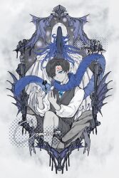 1boy 1other absurdres black_hair black_shorts black_vest blue_eyes blue_nails blue_scarf bone border brooch character_request collared_shirt curtained_hair demian_(project_moon) faceless facial_mark hands_up head_tilt highres hood hood_up jewelry kalliope_orc limbus_company male_focus ornate_border project_moon scarf shirt short_hair shorts sitting spread_fingers tentacles upper_body vest white_border white_hood white_shirt wings