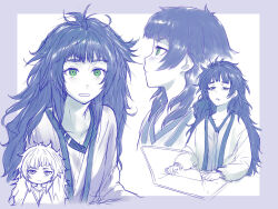 Rule 34 | 1girl, ahoge, blush, closed mouth, collarbone, computer, deformed, dress, drooling, flat chest, green eyes, hair between eyes, highres, hiyajou maho, jacket, laptop, long hair, long sleeves, looking at viewer, looking to the side, menomorute, messy hair, monochrome, multiple views, narrowed eyes, parted lips, ringed eyes, shirt, simple background, sitting, sleepy, solo, steins;gate, steins;gate 0, upper body, very long hair