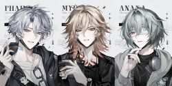 Rule 34 | 3boys, absurdres, anaxa (honkai: star rail), bandaid, bandaid on neck, black hoodie, black jacket, black shirt, blonde hair, blue eyes, braid, character name, commentary, eyepatch, eyewear hang, glasses, green hair, grey hair, grey hoodie, hair between eyes, hand up, hashtag-only commentary, headphones, headphones around neck, highres, honkai: star rail, honkai (series), hood, hoodie, jacket, long hair, long sleeves, looking at viewer, maikang0987, male focus, mask, mouth mask, multiple boys, mydei (honkai: star rail), open clothes, open hoodie, parted lips, phainon (honkai: star rail), portrait, shirt, short hair, short sleeves, single braid, unworn eyewear, white background, white shirt, yellow eyes