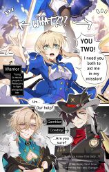 1girl 2girls absurdres ahoge artoria_pendragon_(fate) aventurine_(honkai:_star_rail) black_hair black_shirt blonde_hair blue_dress blue_shirt boothill_(honkai:_star_rail) breasts cowboy_hat dress english_text excalibur_(fate/stay_night) fate/stay_night fate_(series) glasses green_eyes hat highres honkai:_star_rail honkai_(series) jestnaro medium_breasts multicolored_hair multiple_girls open_mouth saber_(fate) saber_(honkai:_star_rail)_(fate) shirt short_hair speech_bubble white_hair