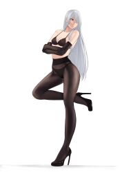 1girl :| ak-15_(girls&#039;_frontline) alternate_costume bare_shoulders black_bra black_gloves black_panties black_pantyhose black_shoes bra breasts chika_232 cleavage closed_mouth collarbone crossed_arms elbow_gloves expressionless full_body girls&#039;_frontline gloves hair_over_one_eye high_heels highres lace lace-trimmed_bra lace_trim leg_up long_hair looking_to_the_side medium_breasts panties pantyhose parted_bangs purple_eyes shoes simple_background skindentation solo standing standing_on_one_leg underwear very_long_hair white_background white_hair wide_hips