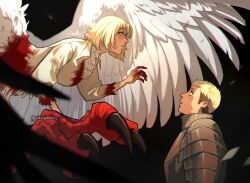 1boy 1girl armor black_background blonde_hair blood blood_on_body blood_on_clothes blood_on_hands breastplate breasts centauroid chimera classystaches claws commentary crying crying_with_eyes_open dungeon_meshi english_commentary falin_touden falin_touden_(chimera) falling_feathers feathered_wings feathers gorget laios_touden large_breasts looking_at_another medium_hair monster_girl parted_lips pauldrons profile reaching reaching_towards_another red_scales shirt short_hair shoulder_armor simple_background taur tears torn_clothes torn_shirt twitter_username upper_body white_shirt white_wings wings yellow_eyes