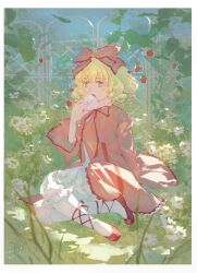 1girl absurdres blonde_hair fence flower gensou_getsumen_rt green_eyes hair_ribbon highres hinaichigo medium_hair on_grass on_ground plant red_flower red_ribbon ribbon rozen_maiden sitting solo white_flower