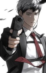 1boy aiming aiming_at_viewer black_hair black_jacket brown_eyes chest_harness collared_shirt commentary_request grey_hair gun haikyuu!! handgun harness headpiece highres holding holding_gun holding_weapon jacket kita_shinsuke lapels layered_sleeves long_sleeves looking_at_viewer male_focus multicolored_hair necktie open_clothes open_jacket red_necktie shirt short_hair sil_baswaste simple_background solo suit_jacket upper_body watermark weapon white_background white_shirt wing_collar