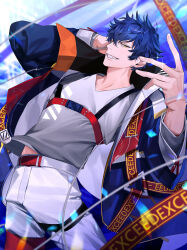 Rule 34 | 1boy, absurdres, arm behind head, blue hair, chest harness, ensemble stars!, grey shirt, hair between eyes, harness, highres, jacket, korean commentary, looking at viewer, male focus, midriff peek, nakddidi, official alternate costume, open clothes, open jacket, outstretched arm, panties, sazanami jun, shirt, short hair, smile, solo, underwear, white panties, yellow eyes