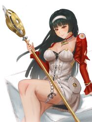 Rule 34 | 1girl, astra yao, black hair, breasts, cleavage, dress, earrings, hairband, jacket, jewelry, large breasts, long hair, looking at viewer, manyuuu, necklace, pearl necklace, purple eyes, red eyes, red jacket, red shrug, smile, thigh beads, uneven bangs, white dress, white hairband, zenless zone zero
