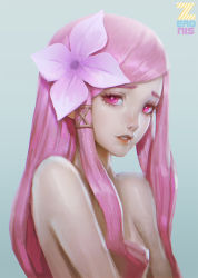 1girl artist_name female_focus flower gradient_background hair_flower hair_ornament hana-chan_(me!me!me!) hana_(me!me!me!) lips long_hair looking_at_viewer me!me!me! pink_eyes pink_hair plant solo topless_female topless_frame upper_body zeronis