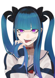 1girl amemiya_darumi black_hair blue_hair bow collar collarbone ear_piercing eyelashes female_focus hair_bow heart highres long_hair long_sleeves looking_at_viewer makeup multicolored_hair piercing pink_eyes runny_makeup safety_pin shirt solo striped_clothes striped_shirt the_hundred_line_-last_defense_academy- tongue tongue_out twintails
