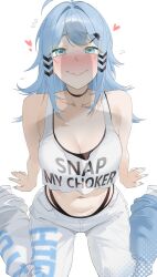 Rule 34 | 1girl, @ @, absurdres, aegis-link, ahoge, arm support, black choker, black panties, blue hair, blue nails, blush, breasts, byeon dha, chevron (symbol), choker, cleavage, closed mouth, clothes writing, collarbone, crop top, fingernails, flying sweatdrops, from above, hair ornament, hairclip, heart, high-waist panties, highres, long fingernails, long hair, medium breasts, midriff, navel, nose blush, panties, pants, penis awe, penis shadow, raised eyebrows, sitting, smile, snap my choker (phrase), solo, tank top, triggerphish, underwear, virtual youtuber, wariza, wavy mouth, white pants, white tank top