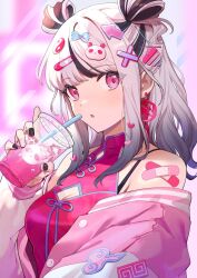 1girl bandaid bandaid_on_arm black_hair black_nails blurry blurry_background breasts china_dress chinese_clothes cleavage cleavage_cutout clothing_cutout cup dress earrings gradient_hair hair_bun hair_ornament heart heart_hair_ornament highres holding holding_cup jacket jewelry medium_hair multicolored_hair off_shoulder open_clothes open_jacket original panda_hair_ornament parted_lips pink_eyes portrait solo streaked_hair urata_asao white_hair x_hair_ornament