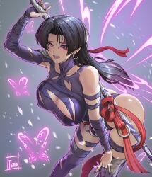 Rule 34 | 1girl, absurdres, ass, bent over, black hair, breasts, bug, butterfly, butterfly wings, covered erect nipples, cowboy shot, earrings, energy wings, facial tattoo, gloves, grey background, highleg, highleg leotard, highres, holding, holding sword, holding weapon, hoop earrings, insect, insect wings, jewelry, large breasts, leotard, long hair, marvel, marvel rivals, psylocke, psylocke (vengeance), purple leotard, simple background, single bare shoulder, solo, sword, tattoo, thighhighs, tomo eokaiteru, torn clothes, torn gloves, torn leotard, torn thighhighs, weapon, wings, x-men