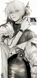 1other closed_mouth coat gloves greyscale gyujik_qzc hand_up highres id_card looking_at_viewer male_focus medicine_pocket medium_hair monochrome pants reverse:1999 shirt side_ponytail single_off_shoulder sleeve_pushed_up solo upper_body