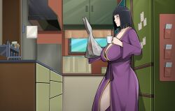 1girl black_hair bob_cut boruto:_naruto_next_generations breasts byakugan female_focus highres hokage&#039;s_adopted_son huge_breasts hyuuga_hinata kimkun0162 kitchen mature_female medium_hair naruto_(series) newspaper short_hair solo solo_focus