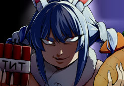 1girl :d animal_ear_fluff animal_ears blue_hair braid carrot_hair_ornament creature death_note don-chan_(usada_pekora) explosive food-themed_hair_ornament hair_ornament holding hololive just_as_planned_(meme) long_hair looking_at_viewer makishima_rin meme minecraft multicolored_hair open_mouth parody rabbit_ears rabbit_girl scarf smile solo thick_eyebrows tnt tnt_block_(minecraft) twin_braids two-tone_hair usada_pekora virtual_youtuber white_hair yagami_light