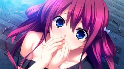 1girl black_shirt blue_eyes bow collarbone covering_own_mouth dutch_angle fumio_(ura_fmo) game_cg grisaia_(series) grisaia_no_rakuen hair_between_eyes hair_bow hair_rings hand_over_own_mouth long_hair looking_at_viewer looking_up night non-web_source official_art outdoors portrait red_hair shirt sidelocks single_bare_shoulder single_off_shoulder solo suou_amane t-shirt tearing_up variant_set white_bow