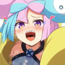 bow-shaped_hair character_hair_ornament creatures_(company) curakuru game_freak hair_ornament hexagon_print iono_(pokemon) jacket multicolored_hair nintendo pokemon pokemon_sv sharp_teeth teeth two-tone_hair x yellow_jacket