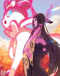 Rule 34 | 1girl, absurdres, black hair, black thighhighs, commentary, dynamax, english commentary, from side, gen 6 pokemon, highres, japanese clothes, kimono, kyonart, long hair, long sleeves, looking at viewer, nintendo, parted lips, pink kimono, pokemon, pokemon (creature), pokemon xy, sleeves past fingers, sleeves past wrists, sylveon, thighhighs, valerie (pokemon), very long hair, wide sleeves