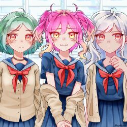 Rule 34 | 3girls, aged down, ahoge, alternate universe, artist name, bad id, bad twitter id, bead necklace, beads, blue sailor collar, blue serafuku, blue shirt, blue skirt, blush, bob cut, brown jacket, buttons, clenched teeth, closed mouth, double-parted bangs, earrings, fingernails, gradient hair, green hair, grey hair, hair between eyes, hair intakes, hand up, highres, humanization, idawnrunner, jacket, jacket partially removed, jewelry, long hair, long sleeves, looking at viewer, marina (omori), medusa (omori), molly (omori), multicolored hair, multiple girls, neckerchief, necklace, omori, open clothes, open jacket, orange eyes, orange hair, own hands together, parted bangs, pink hair, red eyes, red neckerchief, sailor collar, school uniform, serafuku, shirt, short sleeves, siblings, sidelocks, sisters, skirt, smile, stud earrings, teeth, twintails, upper body, v arms, wavy sidelocks, yellow eyes