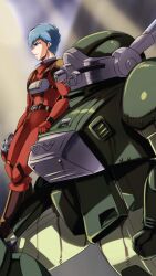 1boy armored_trooper blue_eyes blue_hair blurry blurry_background bodysuit chirico_cuvie clenched_hand from_side gloves hair_behind_ear helmet highres holding holding_helmet leaning mecha on_mecha orange_bodysuit orange_gloves robot science_fiction scopedog shimazu_kaname solo soukou_kihei_votoms unworn_headwear unworn_helmet