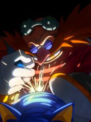 Rule 34 | 2boys, absurdres, dr. eggman, facial hair, glasses, gloves, goggles, goggles on head, highres, male focus, metal sonic, multiple boys, mustache, ritchell-innocent, sonic (series), tooth crown, waves (hairstyle)
