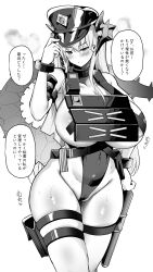 Rule 34 | 1girl, absurdres, adjusting clothes, adjusting headwear, alternate breast size, areola slip, arknights, belt, black hat, black pasties, breasts, bulletproof vest, cross, cross pasties, dragon girl, dragon horns, dragon tail, grey hair, hat, highres, horns, huge breasts, kokihanada, leotard, long hair, looking at viewer, pasties, peaked cap, police hat, saria (arknights), saria (the law) (arknights), simple background, solo, sweat, tail, tape, tape on nipples, walkie-talkie, white background
