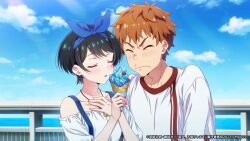 1boy 1girl bare_shoulders black_hair blue_hairband blue_sky closed_eyes closed_mouth collarbone copyright_notice couple day food hairband hetero highres holding holding_food holding_ice_cream ice_cream ice_cream_cone jewelry kanojo_okarishimasu kinoshita_kazuya light_blush necklace off-shoulder_shirt off_shoulder official_art orange_hair outdoors parted_lips sarashina_ruka shirt sky soft_serve upper_body white_shirt