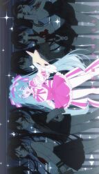 6+girls blue_eyes blue_hair bow dress eyepatch frilled_dress frills gloves grey_eyes hair_between_eyes hair_bow hair_ornament hairband hatsune_miku highres holding holding_knife holding_sword holding_wand holding_weapon ima_sugu_rinne_(vocaloid) inu_totemo jacket knife long_hair looking_at_another medical_eyepatch multiple_girls neckerchief open_clothes open_jacket pink_bow pink_dress pink_hairband red_neckerchief red_ribbon ribbon sailor_collar school_uniform skirt smile sparkle star-shaped_pupils star_(symbol) sweater sword symbol-shaped_pupils teeth twintails two-tone_ribbon vocaloid wand weapon white_gloves x_hair_ornament