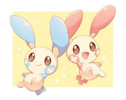 animal_ears animal_hands appyon_(archangel_ayp) closed_mouth food gen_3_pokemon jumping looking_at_viewer minun nintendo no_humans open_mouth plusle pokemon pokemon_(creature) simple_background smile tail