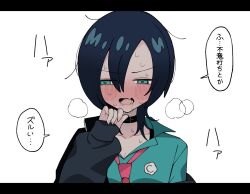 1girl aqua_eyes aqua_shirt black_hair blush breasts collared_shirt commentary_request embarrassed gundam gundam_gquuuuuux jacket long_sleeves necktie open_mouth sabi1234 school_uniform shirt short_hair speech_bubble sweat tamaki_yuzuriha translation_request zooming_in