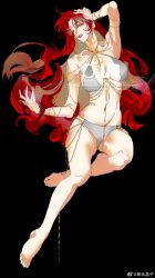 1girl arms_up bikini black_background breasts chain crossed_legs curly_hair earrings eyeshadow gold_chain hand_on_own_head highres jewelry large_breasts long_hair makeup original parted_bangs red_eyes red_hair red_lips sitting squinting swimsuit thick_thighs thighs white_bikini wide_hips yanghua_gaizi