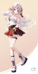 1girl ahoge bare_shoulders belt boots bra_strap breasts cleavage cleavage_cutout clothing_cutout commentary_request criss-cross_halter crop_top detached_sleeves double_bun full_body grin hair_bun halterneck hand_up hat heart_cutout highres korean_commentary long_hair long_sleeves looking_at_viewer midriff multicolored_hair multiple_belts navel original red_eyes red_skirt s0104y shirt skirt sleeveless sleeveless_shirt small_breasts smile socks solo stomach strap_slip streaked_hair thigh_belt thigh_strap thighs white_hair white_hat white_shirt white_socks