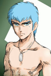 blue_hair chirico_cuvie dog_tags expressionless green_eyes male_focus shijou_yukimasa solo soukou_kihei_votoms topless_male