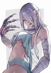 Rule 34 | 1girl, a.k.i. (street fighter), absurdres, ap cammy, bandage over one eye, bandaged arm, bandaged neck, bandages, bikini, breasts, claw (weapon), claw ring, grey bikini, grey hair, hair over one eye, highres, looking at viewer, mole, mole under mouth, official alternate costume, official alternate hairstyle, red lips, simple background, solo, street fighter, street fighter 6, swimsuit, underboob, weapon