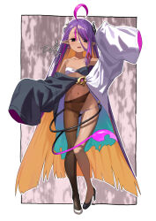 1girl asymmetrical_footwear asymmetrical_horns asymmetrical_legwear black_eyes black_horns black_shoes border breasts collarbone dark-skinned_female dark_skin demon_tail earrings full_body gradient_tail hair_between_eyes high_heels highres hikimayu horns jewelry long_hair long_hair_between_eyes mismatched_footwear mismatched_horns multicolored_hair navel orange_hair original outline panties pantyhose pink_hair pointy_ears purple_hair shoes sleeves_past_wrists small_breasts solo strapless tail thigh_gap tokumaro tube_top underwear very_long_hair white_border white_horns white_outline white_shoes