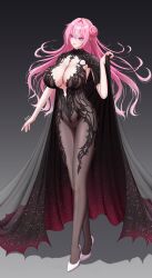 1girl absurdres artist_name black_bodysuit black_cape bodysuit breasts cape center_opening chronopattern_dress cleavage dorothy_(nikke) dress eeyoosekedooaat full_body glitter_dress goddess_of_victory:_nikke grey_background high_heels highres huge_breasts lipstick long_hair makeup meme_attire pink_hair pumps pussy shoes simple_background solo stiletto_heels white_shoes