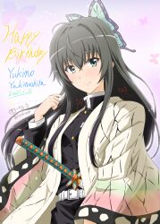 Rule 34 | 1girl, belt, black hair, black jacket, black pants, blush, butterfly hair ornament, character name, closed mouth, cosplay, dated, demon slayer uniform, diesel-turbo, gradient clothes, gradient kimono, hair ornament, happy birthday, hayami saori, highres, jacket, japanese clothes, kimetsu no yaiba, kimono, kochou shinobu, kochou shinobu (cosplay), long sleeves, open clothes, open kimono, pants, smile, voice actor connection, white belt, white kimono, wide sleeves, yahari ore no seishun lovecome wa machigatteiru., yukinoshita yukino