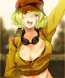 1girl :d arm_behind_back arm_up baseball_cap blonde_hair blurry bra breasts cidney_aurum cleavage collarbone crop_top cropped_jacket depth_of_field female_focus final_fantasy final_fantasy_xv goggles goggles_around_neck hair_between_eyes hat high_collar highres jacket large_breasts long_sleeves looking_at_viewer midriff naso4 navel open_mouth red_bra shiny_skin short_hair sketch smile solo underwear upper_body wavy_hair yellow_eyes