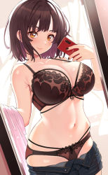 1girl armpit_crease black_nails blue_shorts blush bra breasts brown_bra brown_hair brown_panties cellphone cleavage closed_mouth clothes_pull colored_inner_hair commentary cowboy_shot denim denim_shorts highres holding holding_phone holding_shirt holding_unworn_clothes lace lace-trimmed_bra lace-trimmed_panties lace_trim large_breasts looking_at_viewer mirror mirror_selfie multicolored_hair nail_polish navel open_fly orange_eyes original panties partially_undressed phone pink_shirt purple_hair reflection selfie shirt short_hair short_shorts shorts shorts_pull smartphone smile solo sony stomach taniguchi_daisuke two-tone_hair underwear unworn_shirt