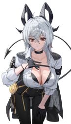 1girl arm_pouch armband black_armband black_bra black_choker black_eyes black_gloves black_horns black_jacket black_pants black_pouch black_tail bra bra_peek breasts choker closed_mouth collarbone collared_shirt commentary cowboy_shot curled_horns demon_tail earrings gloves grey_hair hair_between_eyes half_gloves hand_on_own_chest highres horns jacket jacket_on_shoulders jewelry key_earrings leaning_forward long_hair looking_at_viewer mole mole_on_breast multicolored_eyes multicolored_hair pants partially_unbuttoned red_eyes shirt shirt_tucked_in simple_background solo streaked_hair tail tight_clothes tight_pants two-tone_eyes underwear white_background white_shirt wuthering_waves yuridango zani_(wuthering_waves)