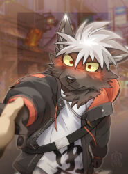 1boy animal_ears black_jacket blush closed_mouth commentary_request dog_boy dog_ears dog_tail furry furry_male highres holding_hands hood hood_down hooded_jacket jacket jewelry looking_at_viewer male_focus necklace niku_nabe pawpads shirt tadatomo_(housamo) tail tokyo_houkago_summoners white_hair white_shirt