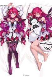 1girl :p armpits arms_up barefoot bed_sheet bloom_(irys) blue_eyes breasts brooch cleavage cleavage_cutout closed_eyes clothing_cutout commentary_request copyright_notice crystal_wings dakimakura_(medium) detached_sleeves double-parted_bangs double_halo dress dress_flower feet flower full_body gloom_(irys) guyrys hair_between_eyes halo heart heart_brooch heterochromia highres hololive hololive_english horns irys_(hololive) irys_(irys_2.0)_(hololive) jewelry juliet_sleeves long_hair long_sleeves looking_at_viewer low-tied_long_hair lying miniskirt momoshiki_tsubaki multicolored_hair nail_polish official_art on_back pink_eyes pointy_ears puffy_sleeves purple_hair purple_skirt purple_thighhighs red_hair sample_watermark short_dress skirt skirt_under_dress sleeping sleeveless sleeveless_dress star_halo streaked_hair thighhighs toenail_polish toenails tongue tongue_out very_long_hair virtual_youtuber watermark white_dress white_sleeves wide_sleeves