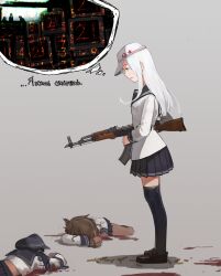 3girls akatsuki_(kancolle) assault_rifle black_thighhighs blood call_of_duty call_of_duty:_black_ops commentary corpse gun hat hibiki_(kancolle) highres holding holding_gun holding_weapon huqu inazuma_(kancolle) kalashnikov_rifle kantai_collection long_hair mind_control miniskirt mixed-language_commentary multiple_girls murder peaked_cap pleated_skirt pool_of_blood rifle russian_commentary russian_text sailor_collar sailor_shirt school_uniform serafuku shell_casing shirt skirt speech_bubble star_(symbol) thighhighs thought_bubble translation_request verniy_(kancolle) weapon white_hair