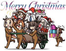 Rule 34 | &gt; &lt;, 6+girls, admire vega (umamusume), ahoge, air shakur (umamusume), animal costume, antlers, biwa hayahide (umamusume), black hair, box, brown eyes, brown hair, clenched hand, closed eyes, closed mouth, coat, commentary, curren chan (umamusume), fake antlers, fake facial hair, fake mustache, flying sweatdrops, gift, gift box, glasses, grey hair, hamu koutarou, hat, holding, holding phone, horns, jitome, jungle pocket (umamusume), long hair, meisho doto (umamusume), merry christmas, multiple girls, narita top road (umamusume), notched ear, onesie, open mouth, phone, pink eyes, puff of air, red coat, red nose, reindeer antlers, reindeer costume, rickshaw, running, sack, santa hat, sharp teeth, short hair, smile, t.m. opera o (umamusume), teeth, umamusume, white background
