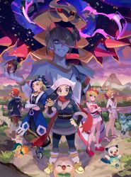 2boys 4girls :d absurdres adaman_(pokemon) akari_(pokemon) anklet arezu_(pokemon) bandaged_arm bandages black_hair black_sash black_sclera blonde_hair blue_hair blue_kimono blue_pantyhose bracelet building closed_eyes cloud colored_sclera creatures_(company) crossed_arms cyndaquil diamond_clan_outfit dress earrings evil_grin evil_smile eye_trail fangs fire galaxy_expedition_team_survey_corps_uniform game_freak gen_2_pokemon gen_4_pokemon gen_5_pokemon gen_7_pokemon giratina giratina_(altered) glaceon glowing glowing_eyes grass grin hair_over_one_eye hairband hand_on_own_hip headscarf highres hisuian_poke_ball holding holding_poke_ball irida_(pokemon) japanese_clothes jewelry kimono leafeon legendary_pokemon light_trail long_hair medium_hair mountain multicolored_hair multiple_boys multiple_girls nintendo obi open_mouth oshawott outdoors palina_(pokemon) pantyhose pearl_clan_outfit poke_ball pokemon pokemon_legends:_arceus red_eyes red_hair red_hairband red_shoes rowlet sash shoes short_hair shorts sidelocks sitting sky sleeveless smile socks spoilers spyg standing starter_pokemon_trio two-tone_hair volo_(pokemon) white_dress white_headscarf white_shoes white_shorts white_socks