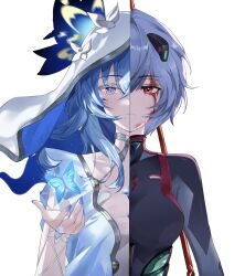 2girls ayanami_rei black_bodysuit blood blood_on_face blue_butterfly blue_hair blue_nails blue_pupils bodysuit breasts bug butterfly chinese_commentary chu_chen closed_mouth colored_eyelashes commentary_request crossover fingernails hair_between_eyes hand_up headgear highres holding holding_polearm holding_weapon insect long_hair looking_at_viewer medium_breasts multiple_girls nail_polish neon_genesis_evangelion polearm purple_eyes red_eyes shorekeeper_(wuthering_waves) short_hair split_theme upper_body veil weapon white_veil wuthering_waves