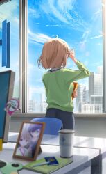 1girl a-chan_(hololive) ahoge black_skirt blue_sky blurry blurry_background blurry_foreground book brown_hair cardigan cityscape cloud collared_shirt commentary_request day green_cardigan hand_up harusaki_nodoka highres holding holding_book hololive indoors kito_koruta lens_flare looking_outside office office_lady open_window picture_frame shirt short_hair signature skirt sky solo v virtual_youtuber white_shirt window