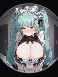 1girl absurdres animal_ears apron aqua_hair bell black_dress blush breasts cat_ears cleavage commentary_request dress fake_animal_ears gloves goddess_of_victory:_nikke highres kai_si_(hscn5578) large_breasts long_hair maid maid_apron maid_headdress neck_bell official_alternate_costume privaty_(nikke) privaty_(unkind_maid)_(nikke) solo thighs twintails very_long_hair white_gloves yellow_eyes