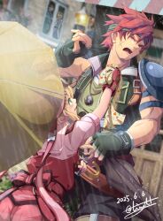 1boy 1girl agate_crosner armor back_bow blonde_hair blue_eyes bow cross_scar dated eiyuu_densetsu fingerless_gloves gloves goggles goggles_on_head green_eyes handkerchief headband highres holding holding_handkerchief holding_umbrella jacket open_mouth pauldrons pink_bow rain red_hair scar scar_on_face shoulder_armor sidelocks signature single_pauldron smile sora_no_kiseki tinybiard tita_russell twitter_username umbrella